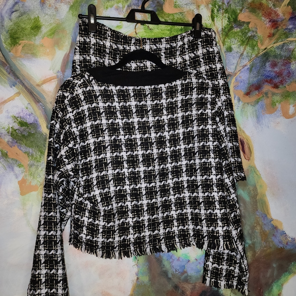 Black White Gold Plaid Tweed Knit Set
